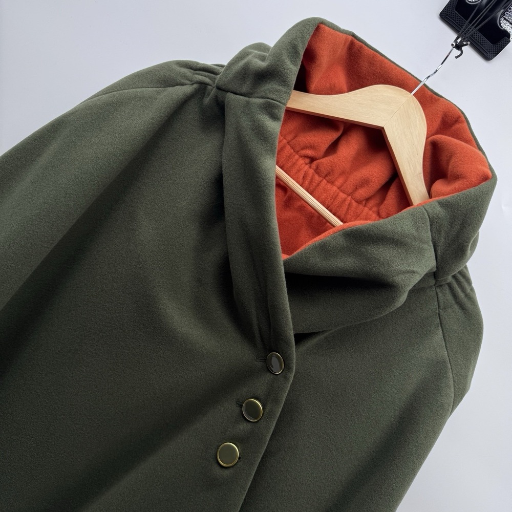 IMAN Global Chic Hooded Cape Coat Layered Asymmetrical Olive Green Orange M/L